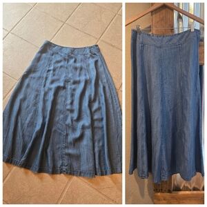 Vtg Denim Chambray Full Flare Midi Skirt Sz 12 Coldwater Creek